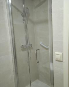 a shower with a glass door in a bathroom at Apartamento Barro Playa in Barro de Llanes
