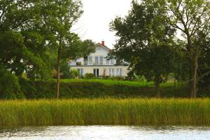 a white house on a hill next to a body of water at Ferienwohnung Vilzsee in Mirow