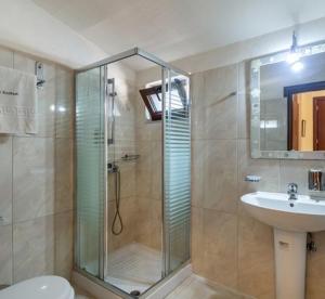 a bathroom with a shower and a toilet and a sink at Toti Boutique Rooms in Kalabaka