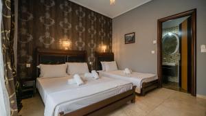 a bedroom with two beds and a mirror at Toti Boutique Rooms in Kalabaka