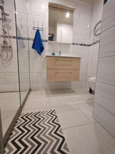 a bathroom with a shower and a sink and a toilet at SEASIDE apartment, sleeps 3 persons in Liepāja
