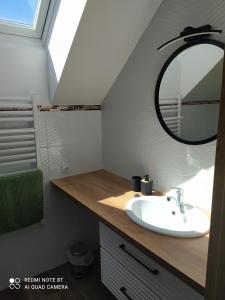 ein Badezimmer mit Waschbecken und Spiegel in der Unterkunft Domek NA SKRAJU WSI, APARTAMENTY in Górki Wielkie