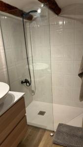 a shower with a glass door in a bathroom at Ca la Baya in Arnés +13 photos