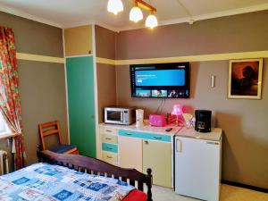 a bedroom with a bed and a tv on the wall at Bedroom with kitchen, 120 m from Sandbach in Bräcke