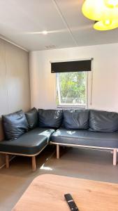 a black leather couch in a room with a window at Camping Villa Park Zambujeira do Mar in Zambujeira do Mar