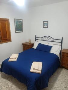 a bedroom with a blue bed with towels on it at Casa De Aventuras in Bácor +38 photos