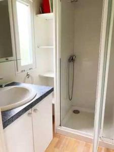 a white bathroom with a shower and a sink at Camping 3 étoiles - eed0ca in Priziac