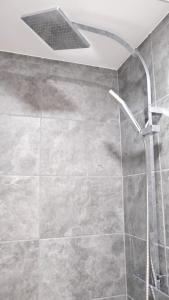 a bathroom with a shower with a ceiling at Lovely 2 Bed Apartment w Garden near Northampton in Earls Barton +39 photos