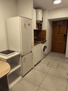 eine Küche mit einem Kühlschrank, einer Waschmaschine und einem Trockner in der Unterkunft Studio Ljubljana in Ljubljana