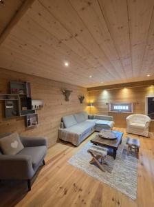 a living room with a couch and a table at Appartement au rez de jardin d'une villa Mexicaine in Barcelonnette
