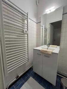 une salle de bain avec un lavabo et un miroir dans l'établissement Bienvenue à l'Oustalet Appt 5, à Cazaubon