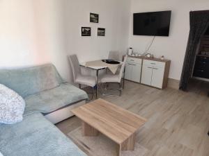 a living room with a couch and a table at Apartman Tonči Bruno - obnovljen 2026 sa novim dvorištem in Pag