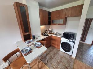 a small kitchen with a table and a washing machine at Mountain Paradise 1 - 1 Bedroom Homey Two Floor Apartment - Washer in Bansko