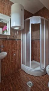 a bathroom with a shower with a toilet and a sink at Evropa Lux Apartments in Budva +34 photos