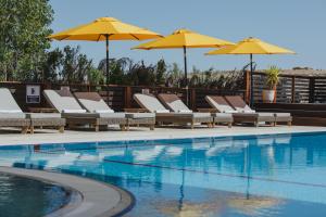 米茨佩·拉蒙Jacob Mitzpe Ramon的配有躺椅和遮阳伞的游泳池