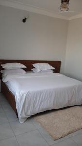 a bedroom with a large bed with white sheets and pillows at Leslie's Apartment in Nalakonge