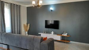 a living room with a couch and a tv on a wall at Leslie's Apartment in Nalakonge