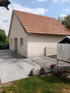 a small house with two potted plants in front of it at Nuko's family in Nikšić