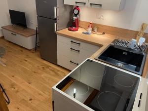 a kitchen with a sink and a refrigerator at Maison côté Auvergne in Beauzac