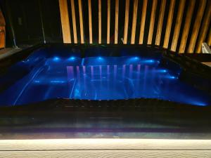 a blue hot tub with blue lights in it at Doftana Nature Events in Trăisteni