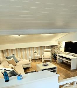 a living room with a couch and a tv at Charme e relax a Forte dei Marmi al Mare e Centro in Forte dei Marmi