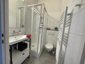 a bathroom with a shower and a sink and a toilet at Maison Lagune bleu in Gruissan