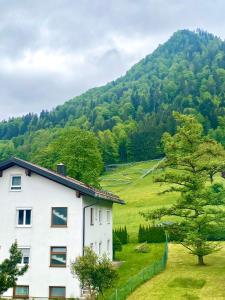 une maison blanche devant une montagne dans l'établissement Apartment mit Bergblick kostenloser Parkplatz, WLAN, TV, Einbauküche, à Ruhpolding 18 autres photos