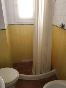 a bathroom with a toilet and a window and a shower at Delizioso appartamento nel centro storico in Mattinata
