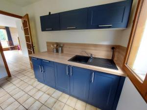 a kitchen with blue cabinets and a sink at Maison spacieuse à Cauterets : 4 chambres, garage, sans animaux - FR-1-812-102 in Cauterets