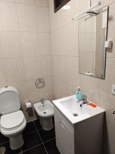a bathroom with a white toilet and a sink at Reis Apartment in Porto +22 photos