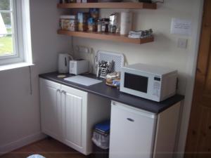a kitchen with a counter with a microwave on it at Bluebell Cottage in Staines