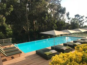 a pool with chaise lounge chairs and umbrellas at Appartements Les résidences du port La Siesta in Porto Ota