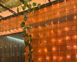 a brick wall with lights and a plant on it at H2cottage in Wodapatti