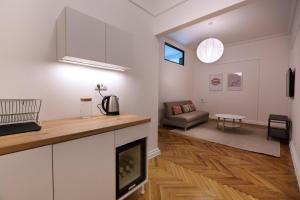 a kitchen and living room with a couch and a fireplace at High Note Suites in Belgrade +49 photos
