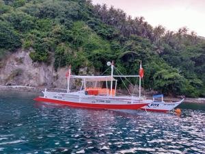 a red and white boat sitting in the water at Villa Rosita - Apo Island in Dauin +15 photos