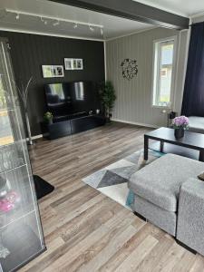 Una sala de estar con un sofá y un televisor de pantalla plana. en cosy country house, en Lingrasmo