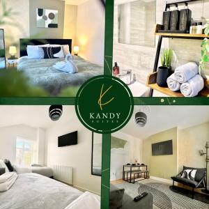 eine Collage mit Fotos eines Schlafzimmers mit einem Bett in der Unterkunft 4 Bed Home Northampton, FreeParking, Superfast WiFi, 5TVs in Northampton