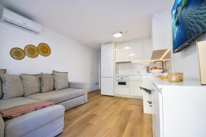 サン・バルトロメにあるTHE SECRET OF ELEPHANT by HOMESTAYGRANCANARIAのソファとキッチンのあるリビングルーム