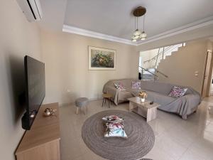 Una sala de estar con un sofá y un televisor. en Azure Dreams Villa with pool - Haraki beach, en Charaki