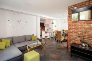 JurdaniにあるHillside Apartmentsのソファとレンガの壁のあるリビングルーム