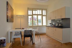 a kitchen with a table and chairs in a room at Jeschkeho vila a Lázeňský dům in Kuks