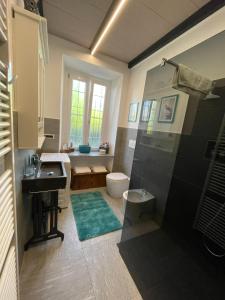a bathroom with a shower and a toilet and a sink at La Reggia di Famiglia in Venaria Reale