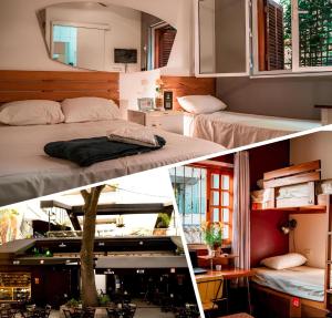 two pictures of a room with two beds at Garoa Hostel Party Bar in Sao Paulo