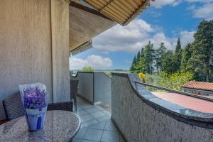 a vase of flowers sitting on a table on a balcony at Mikelic Stara Barbariga in Barbariga