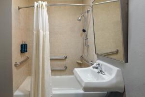 a bathroom with a sink and a shower curtain at DoubleTree by Hilton Hotel West Palm Beach Airport in West Palm Beach