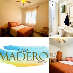 two pictures of a hotel room with two beds and a bathroom at Casa cerca de la playa in Ciudad Madero +2 photos