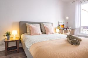 Appartement Place Monge 3 Guests في باريس: غرفة نوم مع سرير كبير مع وسائد وردية