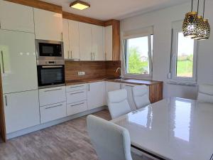 a kitchen with white cabinets and a table and chairs at Villa Vienna in Bužim