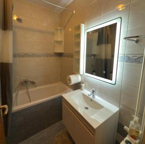 a bathroom with a sink and a tub and a mirror at Center Apartment 1 Sisak in Sisak