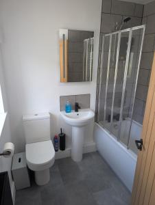 Pont-y-BeremにあるHouse in Pontyberem, Carmarthenshire - Long stays welcome!のトイレ、洗面台、シャワー付きのバスルーム